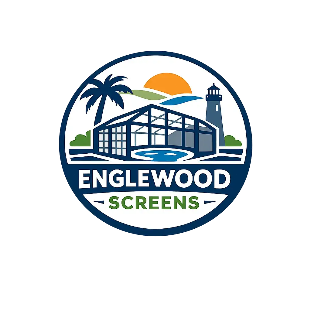 Englewood Screens logo with palm tree, lighthouse, and screen enclosures in Englewood, FL